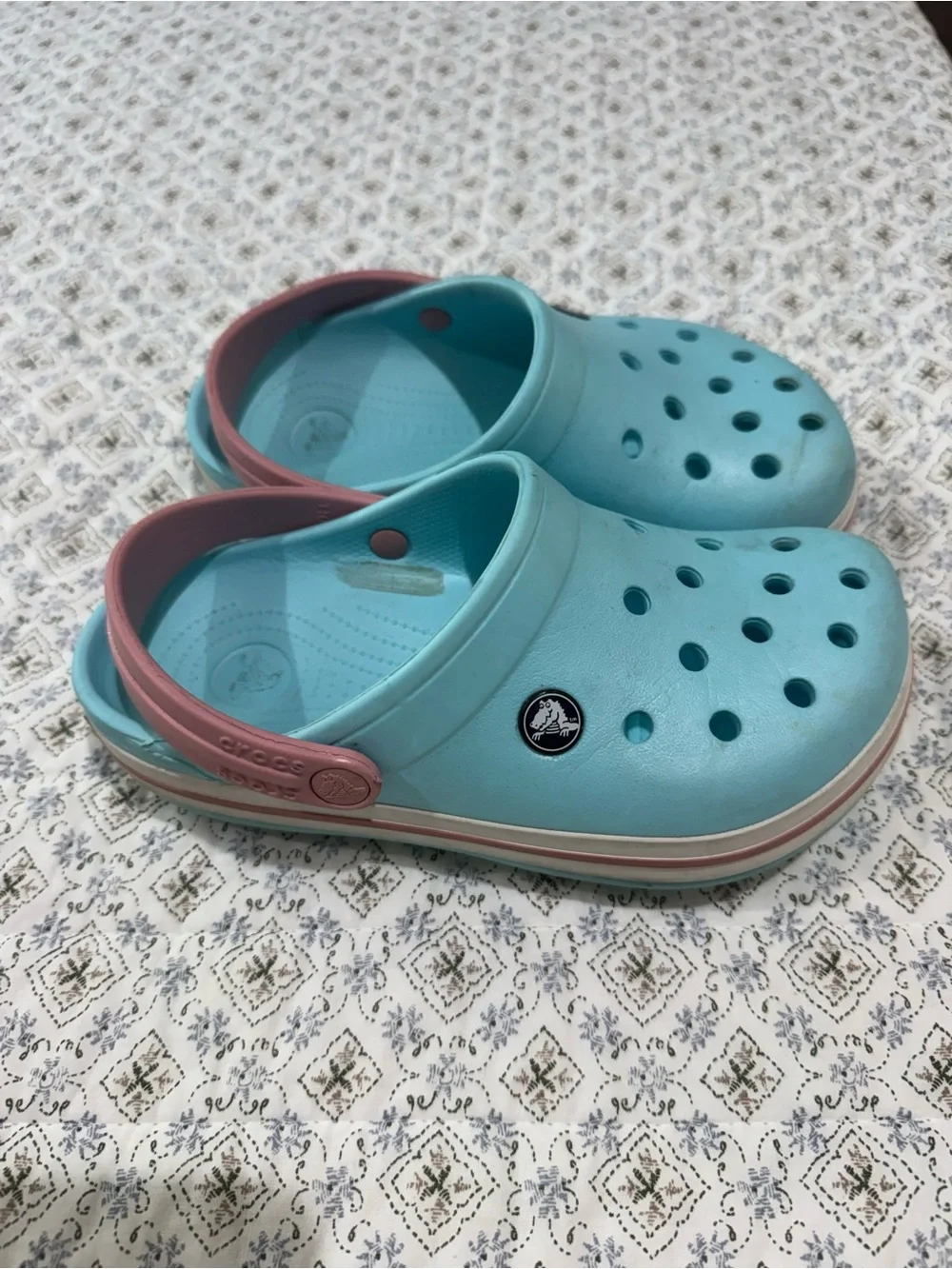 CROCS Kids Aqua Clog Sandals with Pink Heel Straps